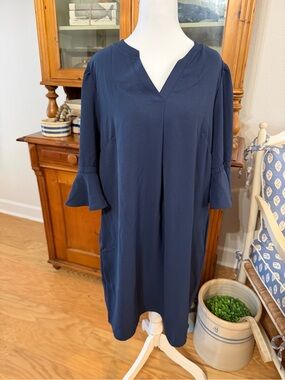 Rumia Navy V-Neck Midi Shift Dress with Ruffle Sleeves